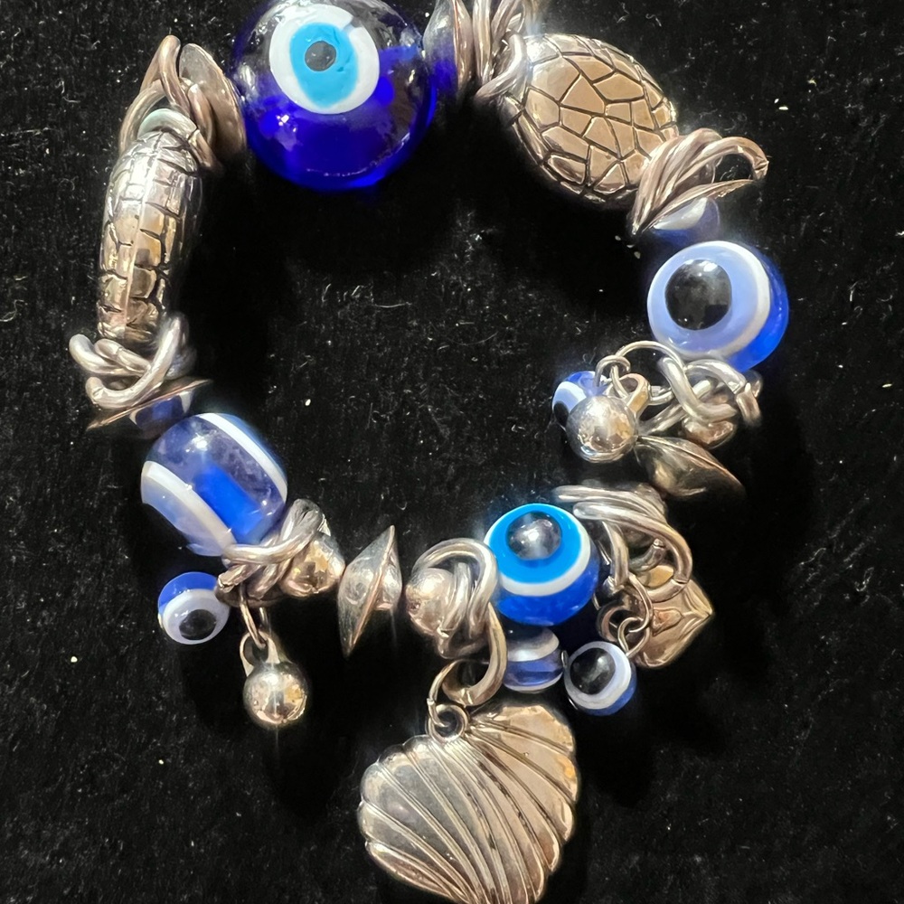 Chunky Evil Eye Silver tone Charm Bracelet